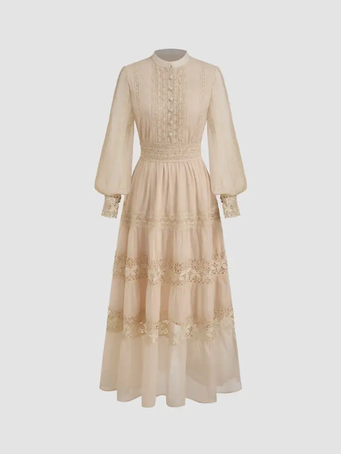Chiffon High Neck Guipure Pearl Button Maxi Dress
