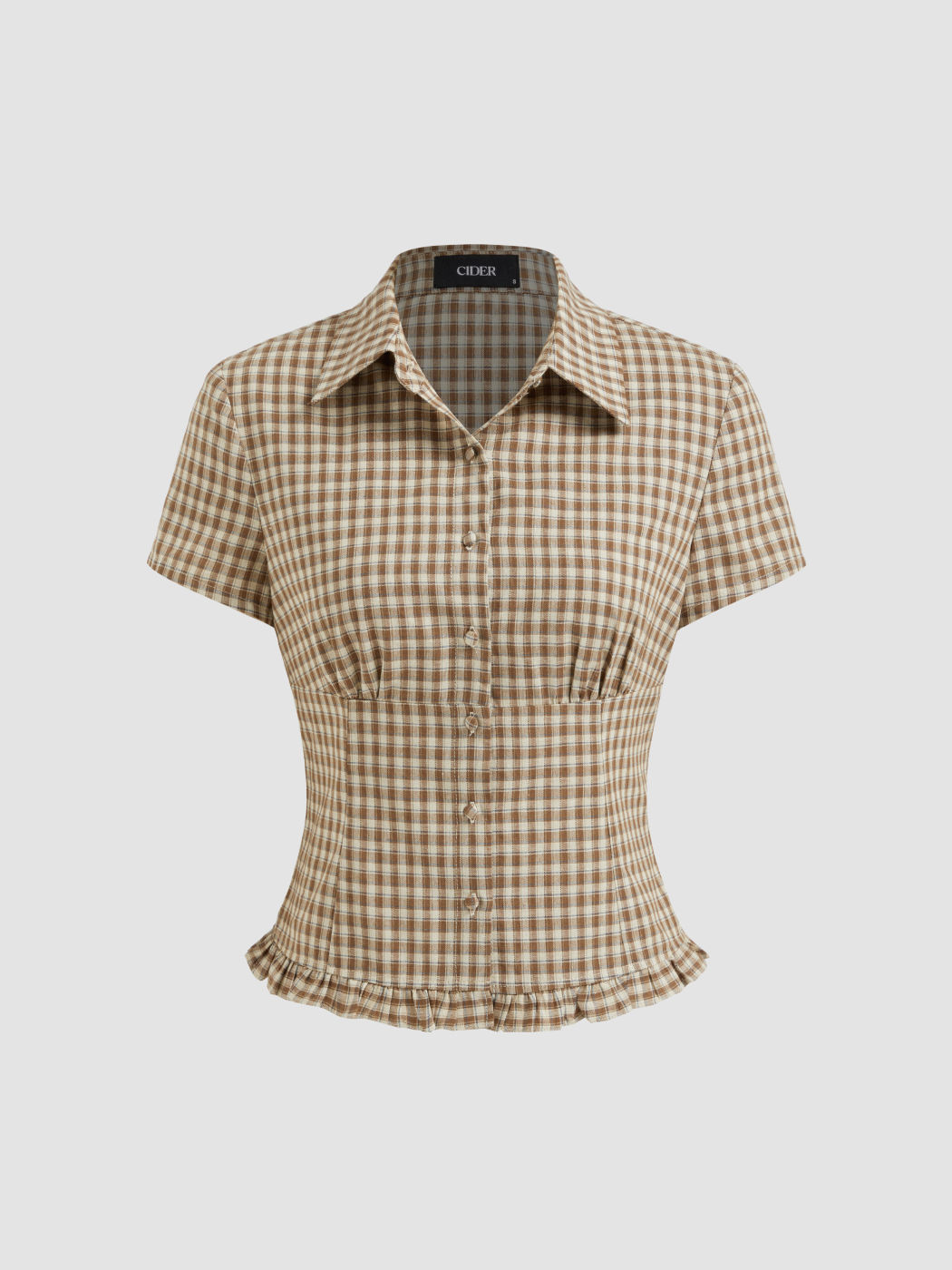 100% Cotton Polo Neck Tartan Lettuce Trim Blouse