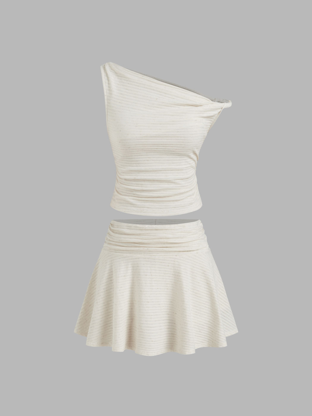 Cotton-blend Asymmetrical Neck Stripe Twist Top & Mid Rise Ruched Mini Skort Set