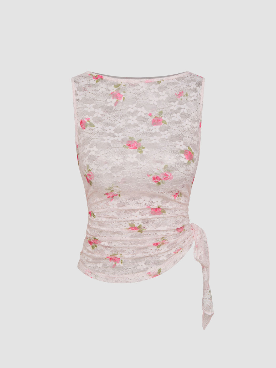 Lace Boat Neck Floral Ruched Knotted See-through Tank Top