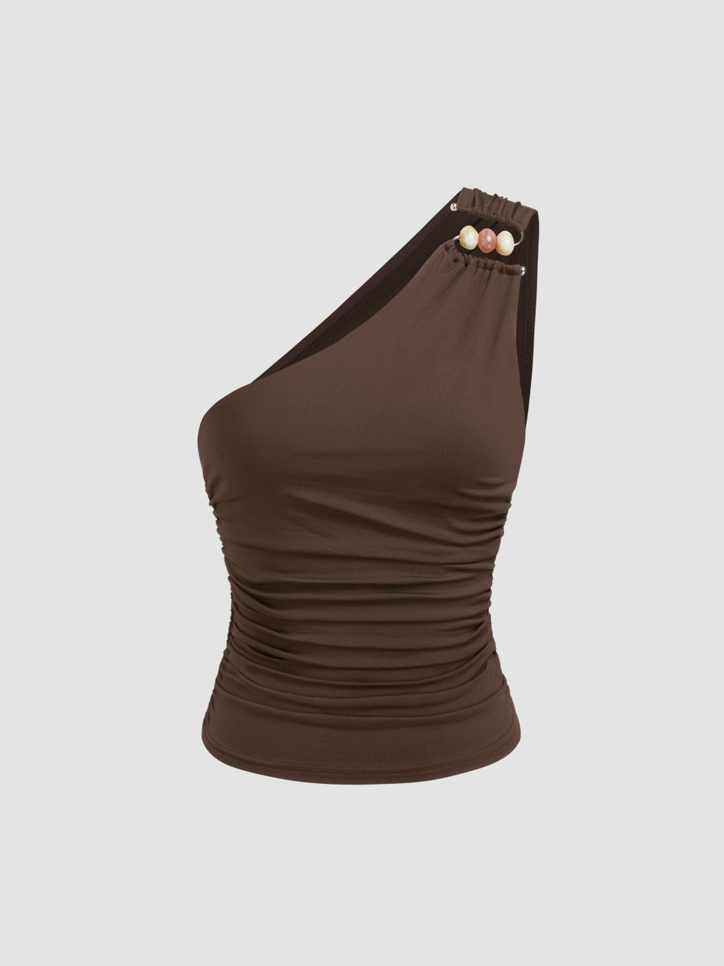 Asymmetrical Neck Beaded Pierced Ruched Tank Top