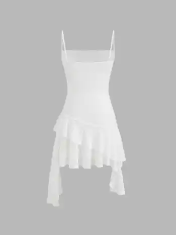 Mini-Kleid mit Mesh-Blumenmuster, Ruchungen und asymmetrischem Spitzenrand