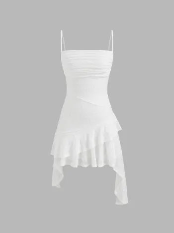 Mini-Kleid mit Mesh-Blumenmuster, Ruchungen und asymmetrischem Spitzenrand