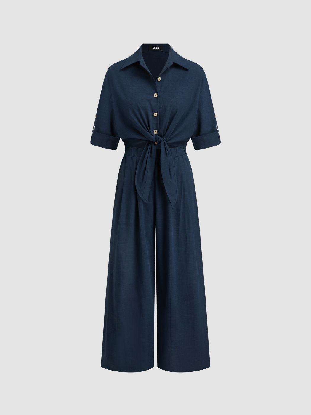 Linen-blend Collar Knotted Roll Hem Oversized Jumpsuit