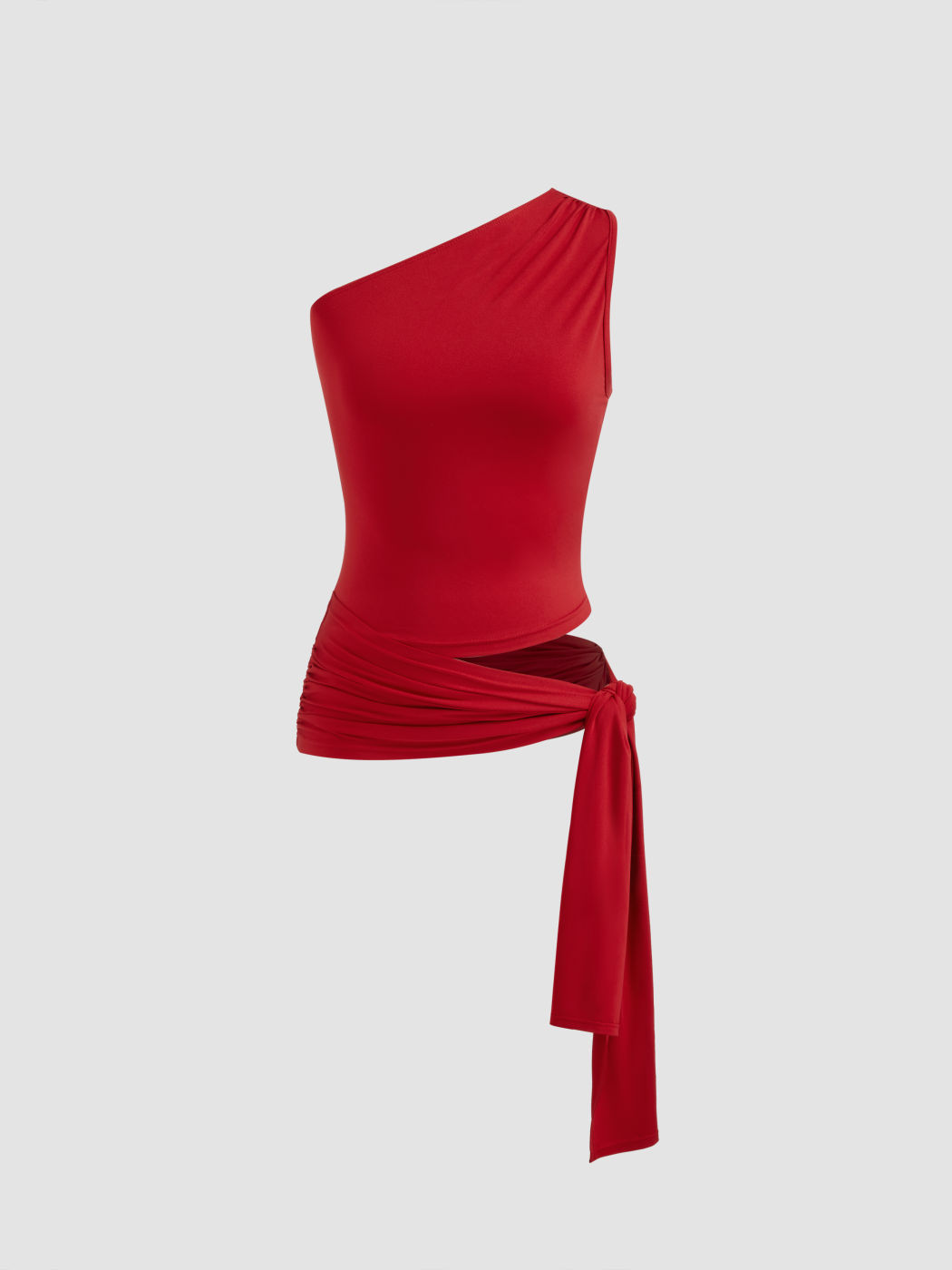 Asymmetrical Neck Ruched Knotted Cut Out Tank Top