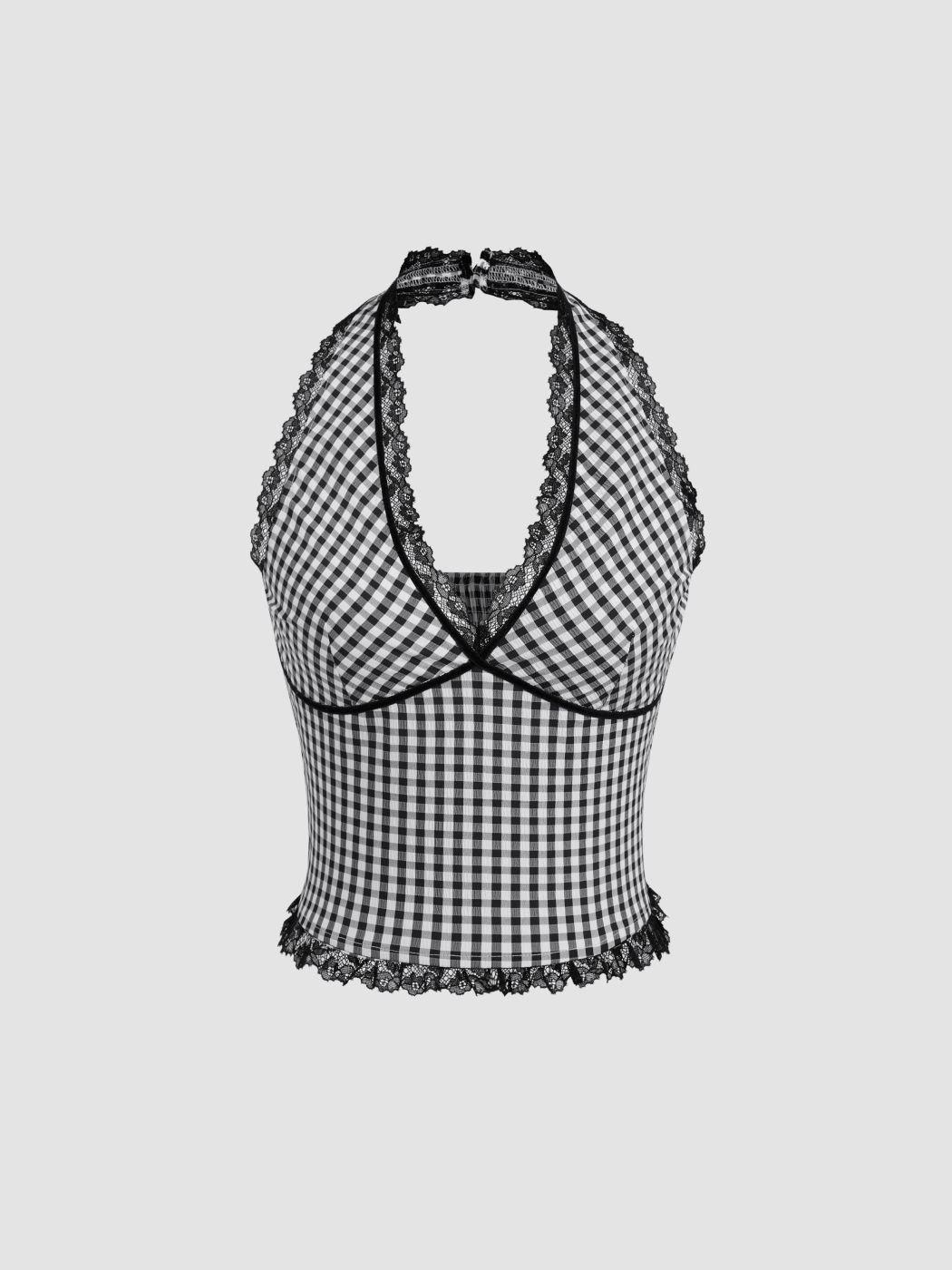 Halter Neckline Gingham Shirred Lace Trim Top