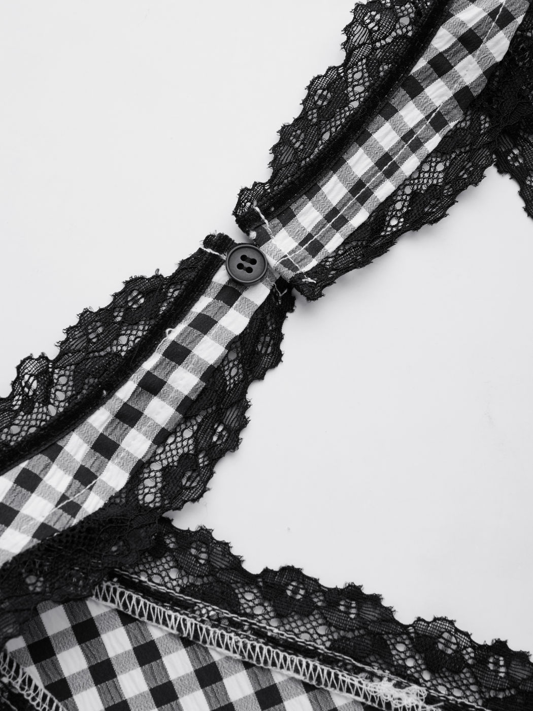 Halter Neckline Gingham Shirred Lace Trim Top