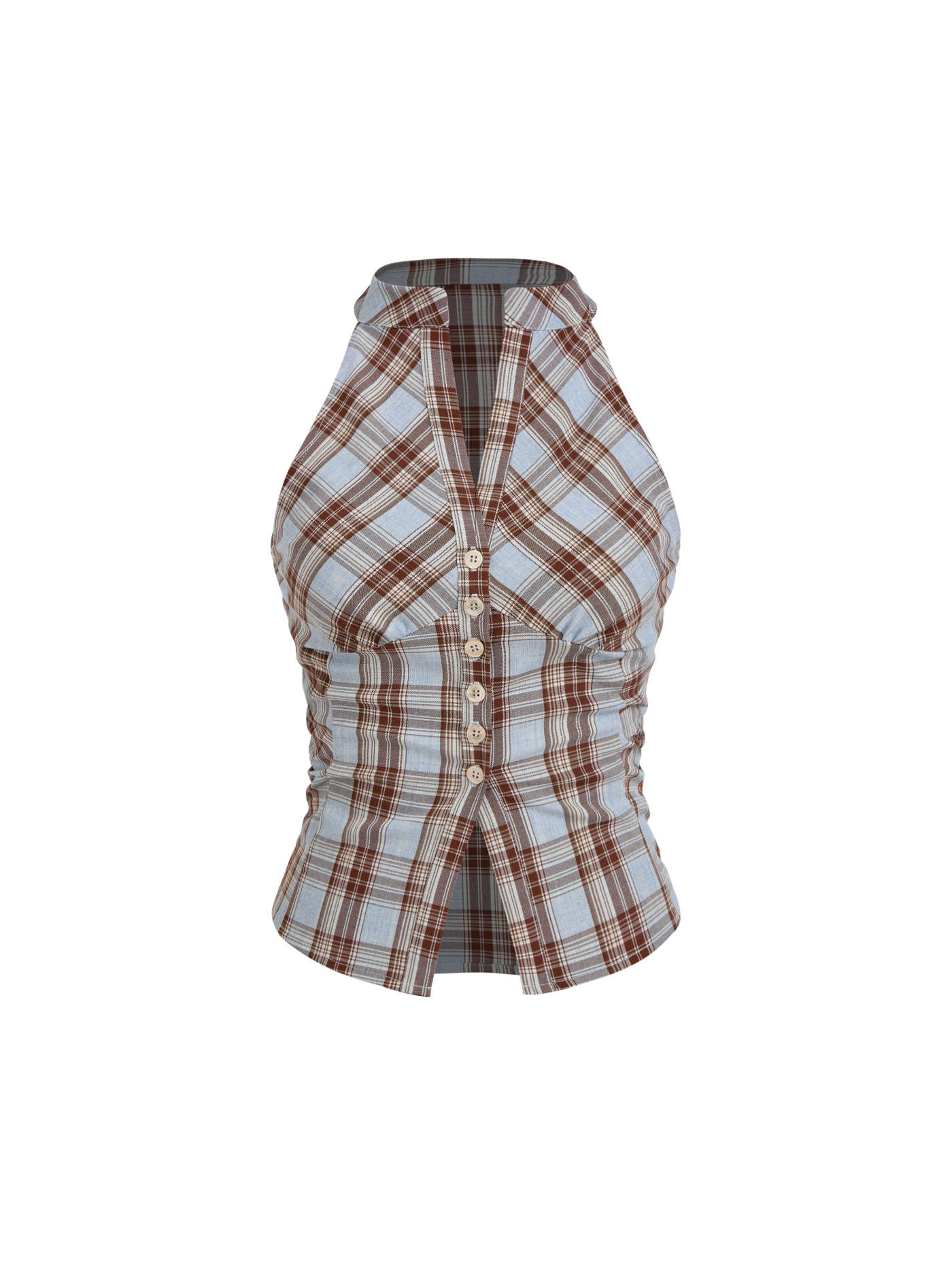 Stand Collar Plaid Ruched Split Top