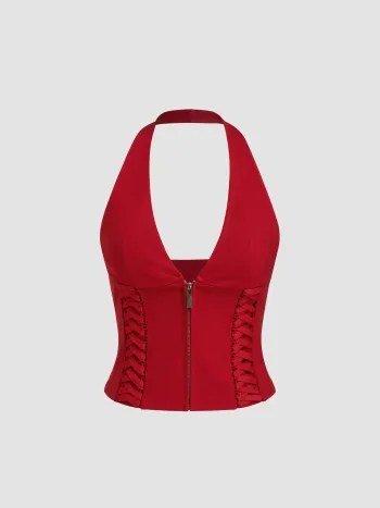 V-neck Halter Zipper Lace Up Top