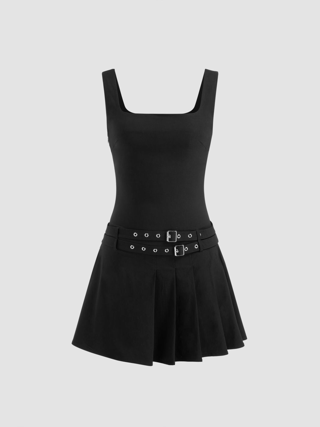 Square Neck Pleated Mini Dress With Two Belts