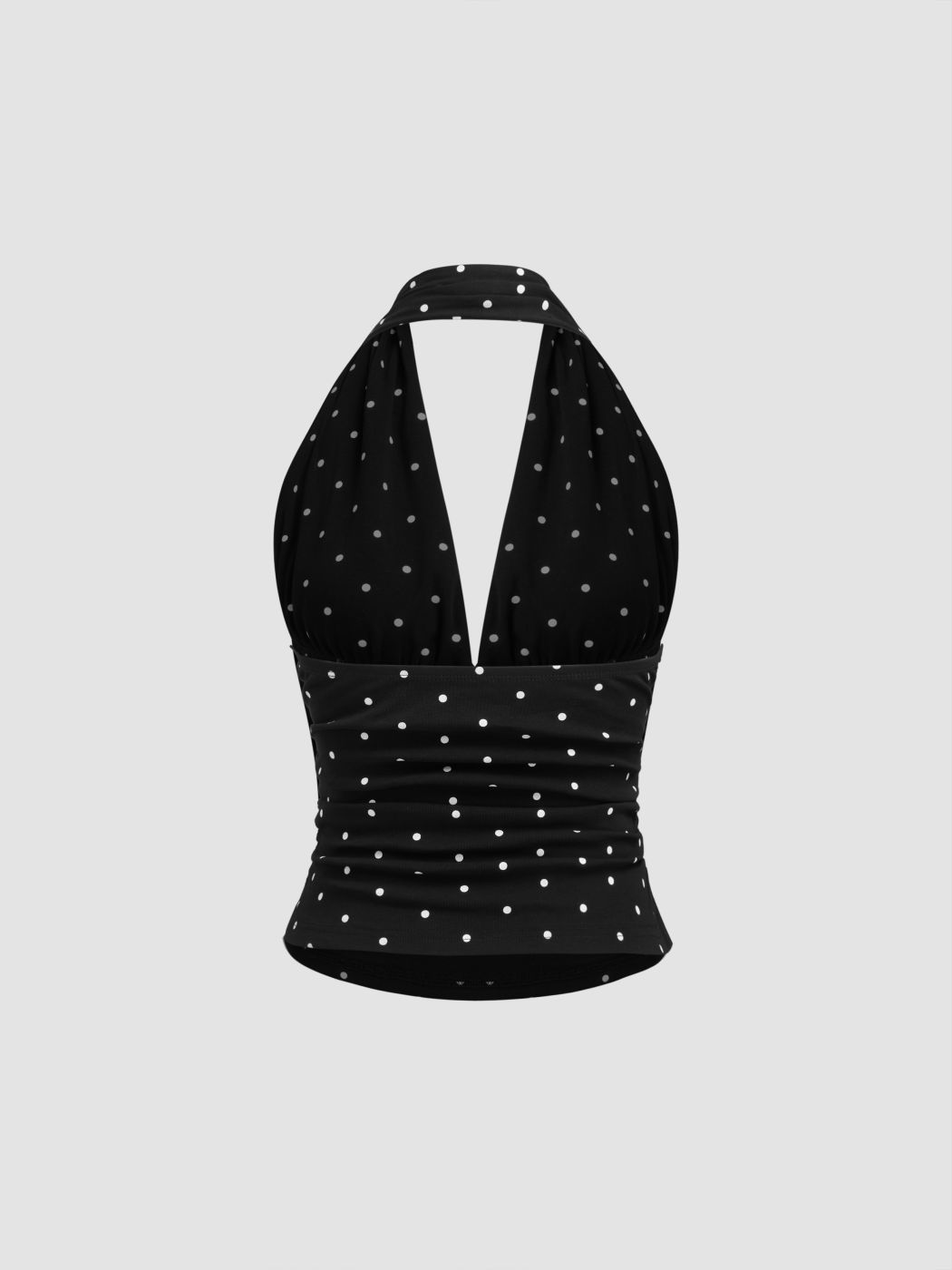 Cotton-blend Halter Cowl Neck Polka Dot Ruched Top