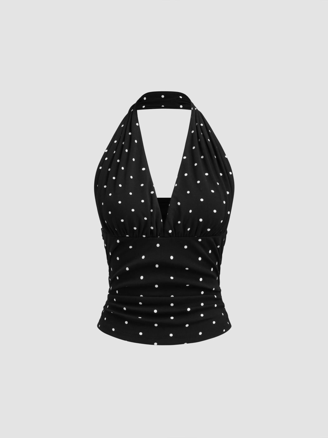 Cotton-blend Halter Cowl Neck Polka Dot Ruched Top