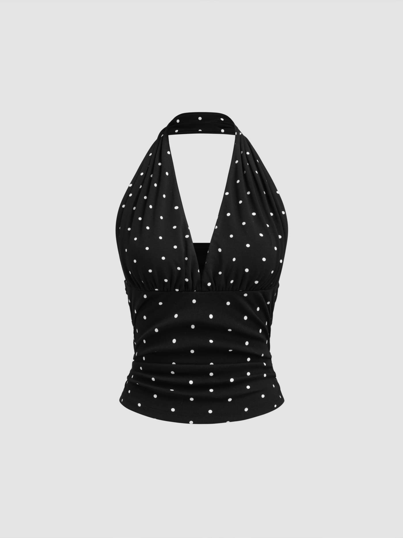 Cotton-blend Halter Cowl Neck Polka Dot Ruched Top