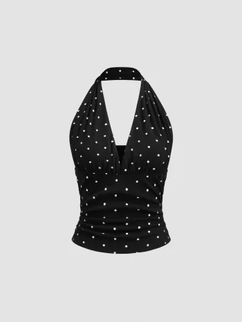 Cotton-blend Halter Cowl Neck Polka Dot Ruched Top