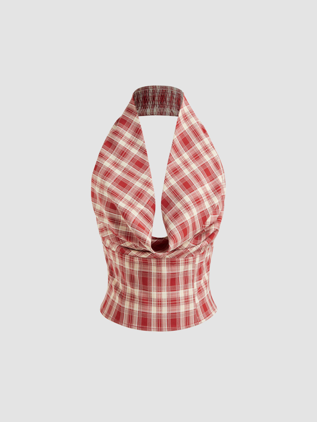 Multi-way Cowl Neck Plaid Shirred Tank Top