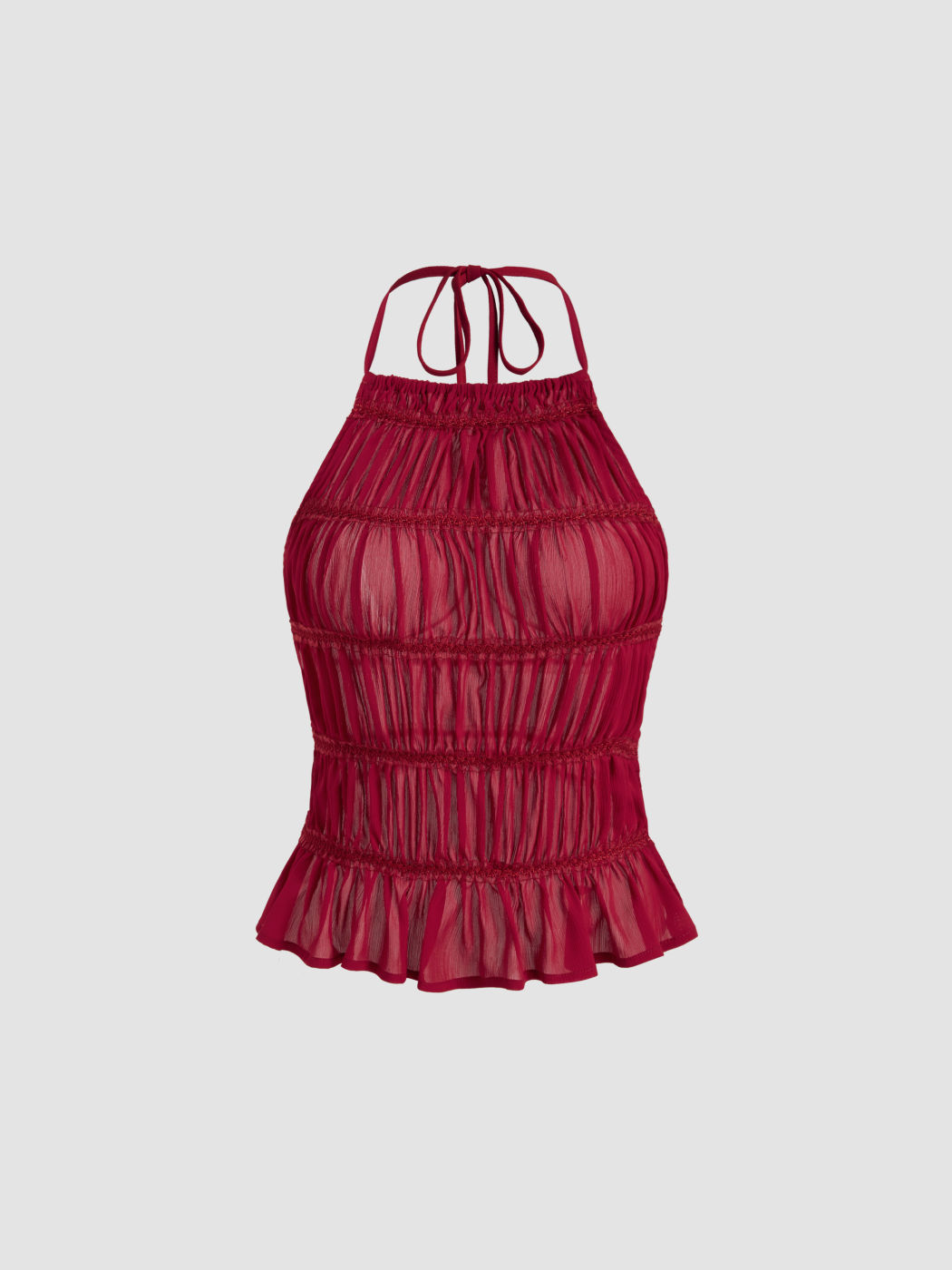 Chiffon Halter Neckline Knotted Ruched Backless Top