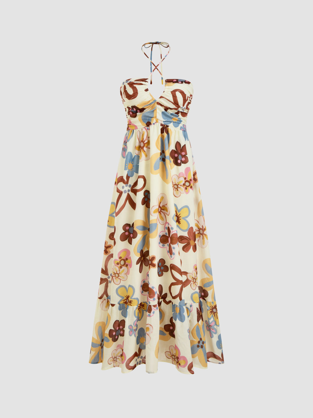 Halter Neckline Floral Ruched Criss Cross Maxi Dress