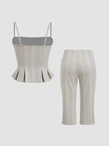 Check Pleated Cami Top & Low Rise Capri Legging Trousers Set