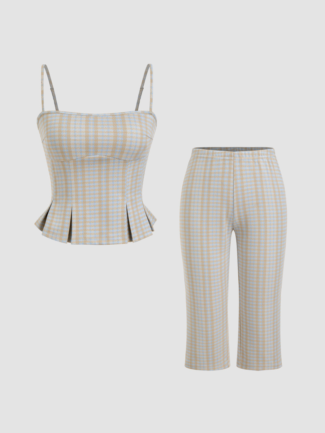 Check Pleated Cami Top & Low Rise Capri Legging Trousers Set