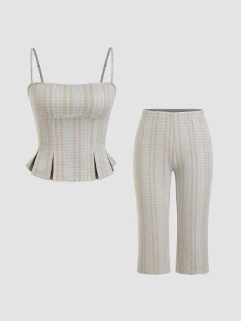 Check Pleated Cami Top & Low Rise Capri Legging Trousers Set