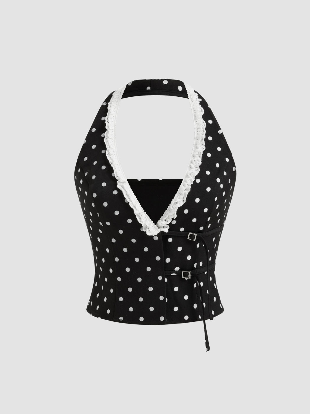 Halter Neckline Lace Trim Polka Dot Tank Top & Mini Skirt Set