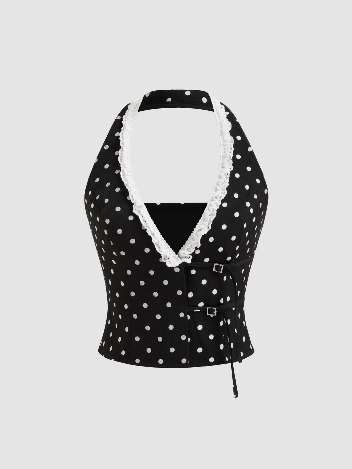 Halter Neckline Lace Trim Polka Dot Tank Top & Mini Skirt Set