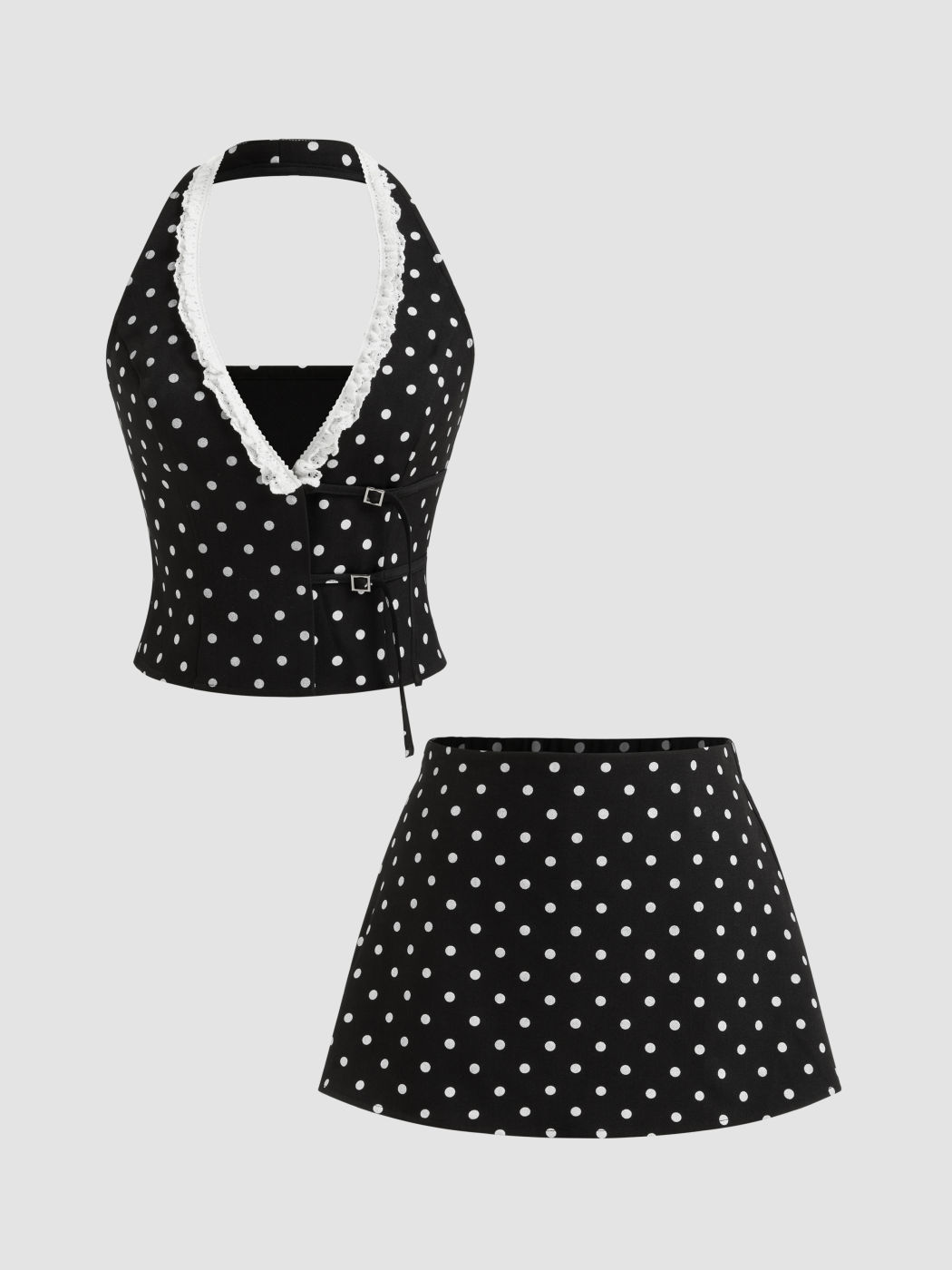 Halter Neckline Lace Trim Polka Dot Tank Top & Mini Skirt Set