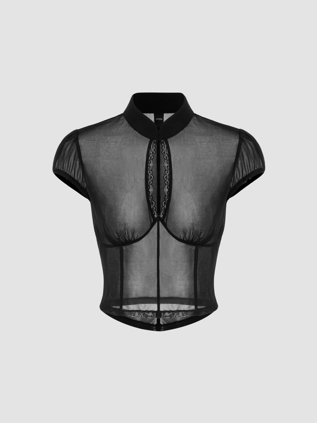 Mesh Mandarin Collar Cut Out See-Through Top