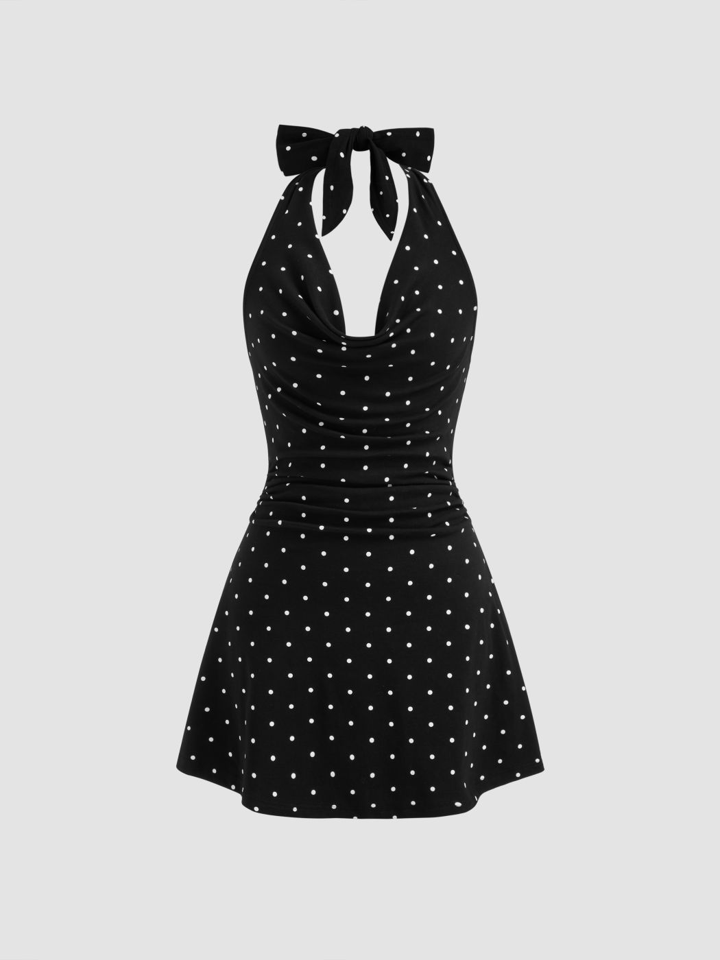 Cotton-blend Halter Cowl Neck Polka Dot Knotted Mini Dress