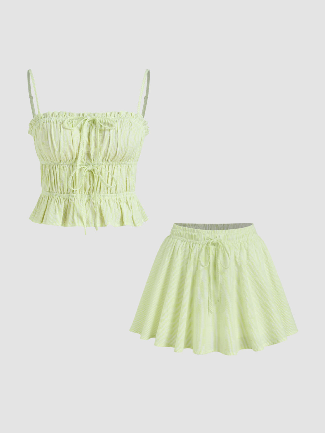 Set Top Cami con Strisce e Arricciature Annodato in Misto Cotone & Mini Skort a Vita Media con Elastico in Vita