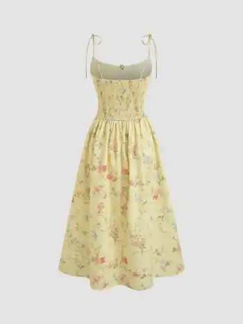 Leinen-Mischung Quadratischer Hals Ditsy Blumen Shirred Gebundener Midikleid