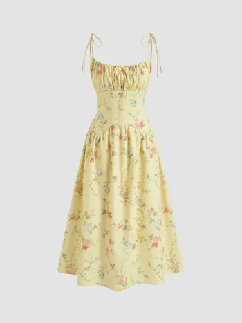 Leinen-Mischung Quadratischer Hals Ditsy Blumen Shirred Gebundener Midikleid