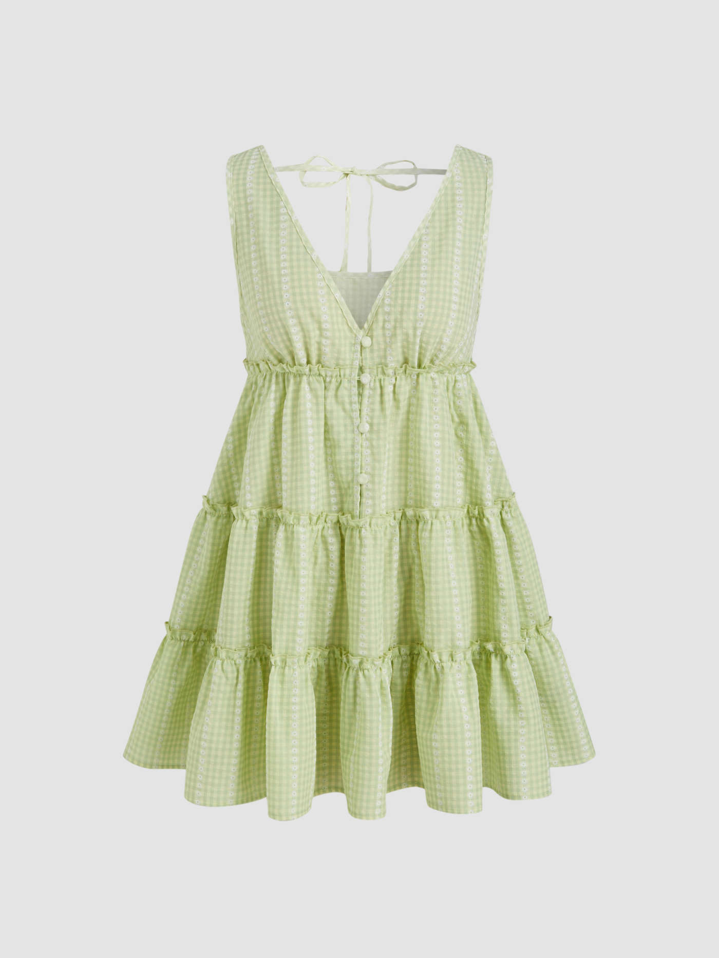 Cotton-blend V-neck Check Knotted Lettuce Trim Somck Mini Dress