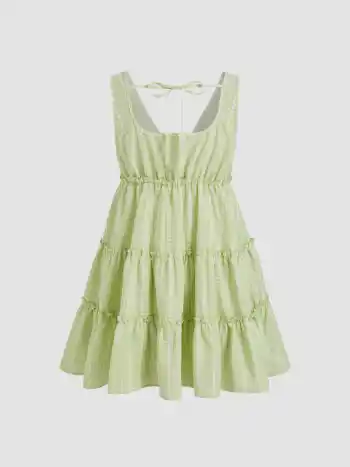 Robe courte en mélange de coton, col V, motif en carreaux, nœud et finition en laitue