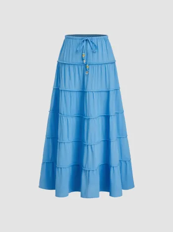 Low Rise Drawstring Starfish Beaded Detail Tiered Maxi Skirt