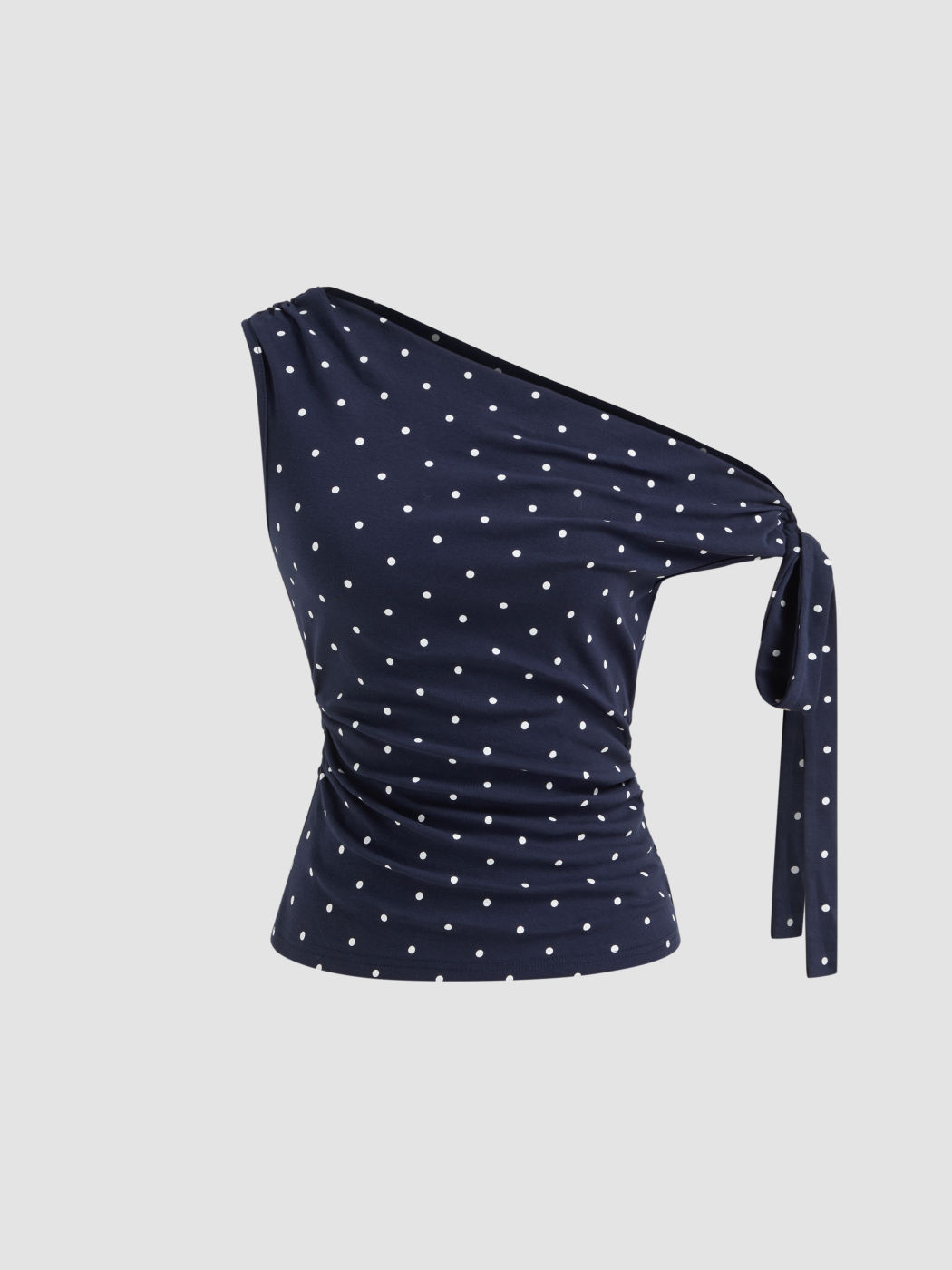 Cotton-blend Asymmetrical Neck Polka Dot Ruched Knotted Top