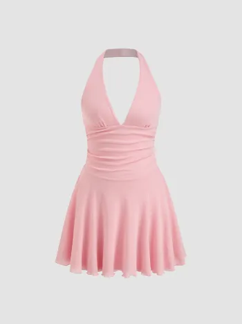 V-Ausschnitt, geruchtes Mini-Kleid mit Salatrand