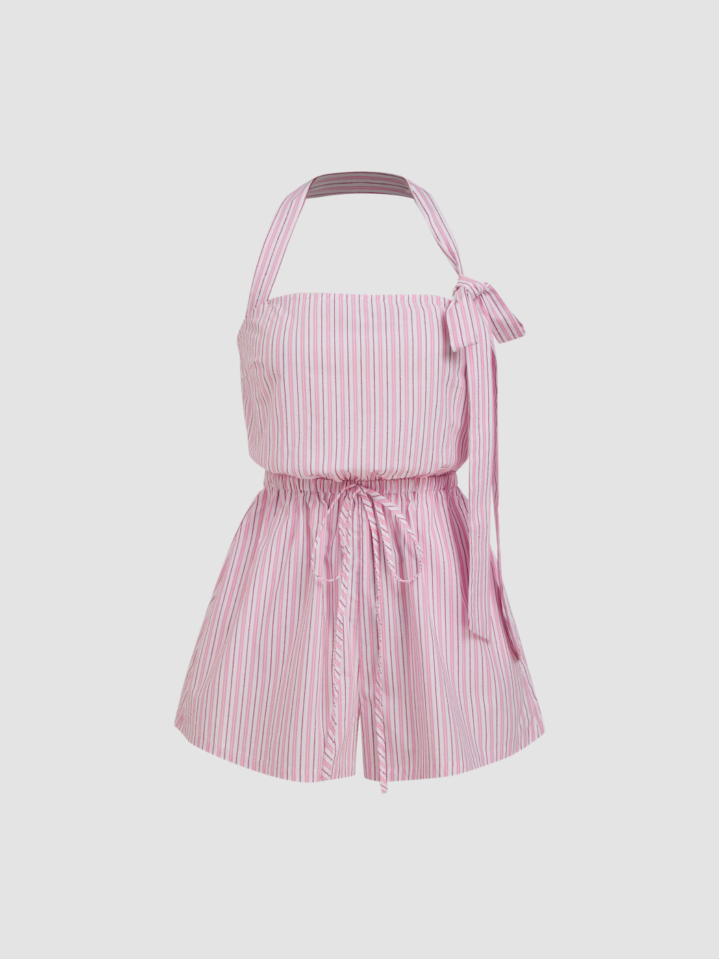 100% Cotton Halter Neckline Stripe Drawstring Knotted Romper