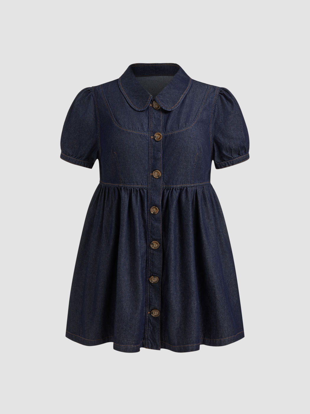 Denim Peter Pan Collar Button Puff Sleeve Mini Babydoll Dress Curve & Plus