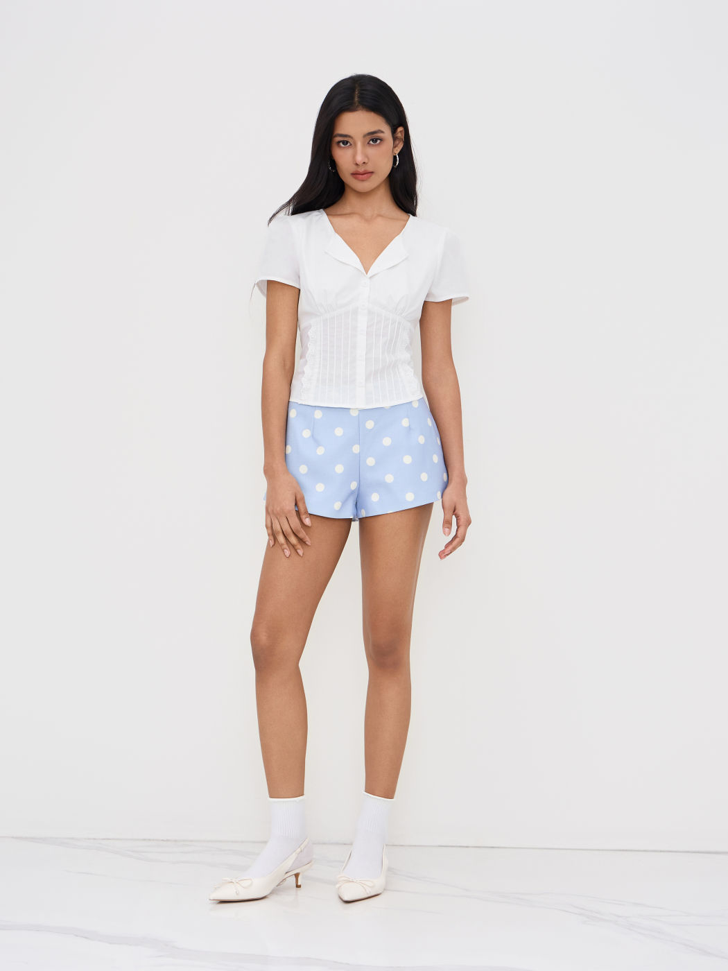 Cotton-blend Broderie Anglaise Trim Pleated Blouse