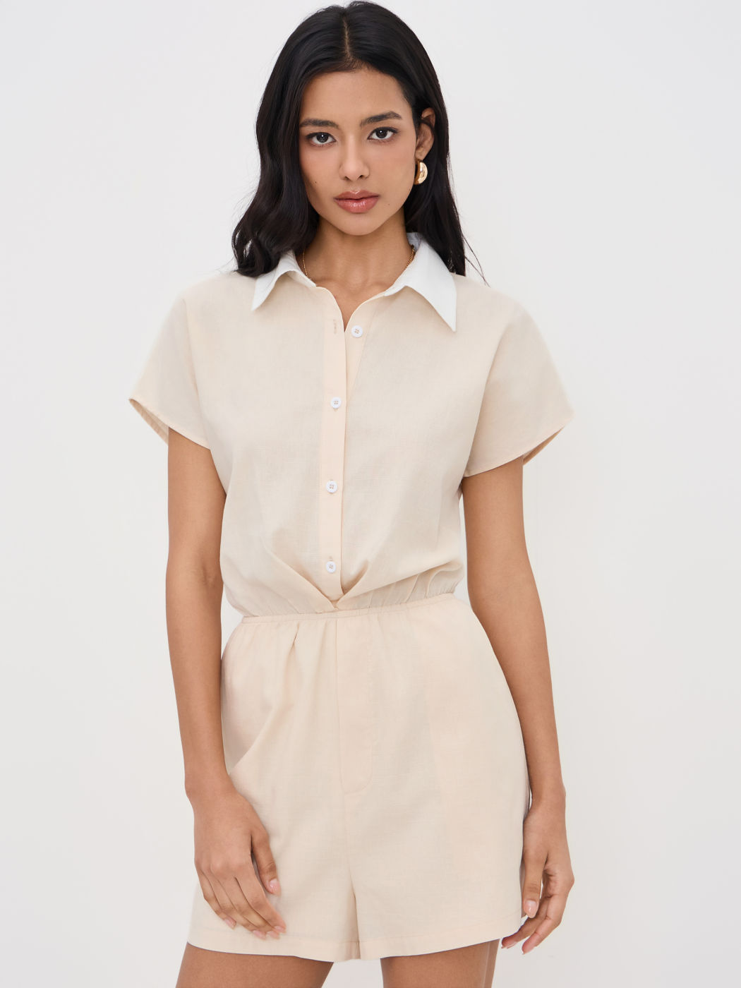 Linen-blend Polo Elastic Waist Romper