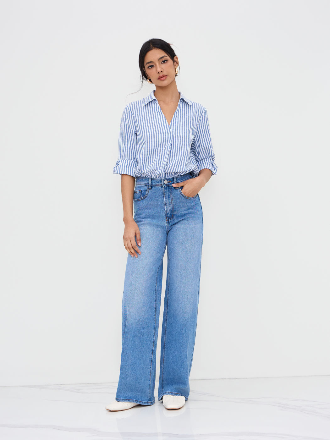 Cotton-blend Polo Neck Stripe Bodysuit