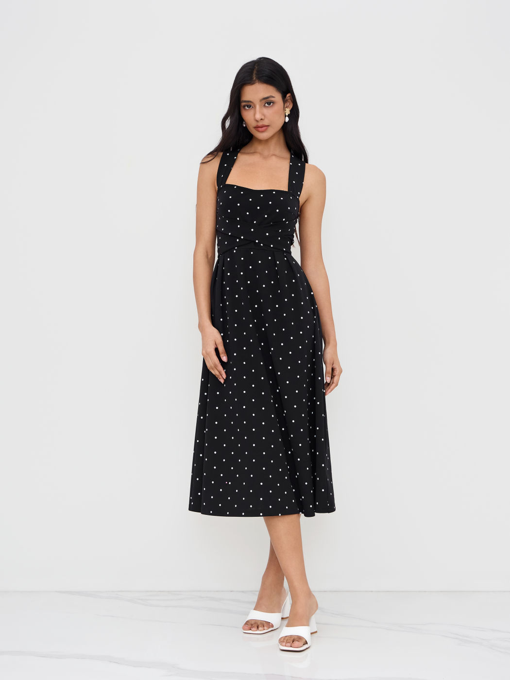 Square Neck Polka Dot Ruffle Criss Cross Maxi Dress