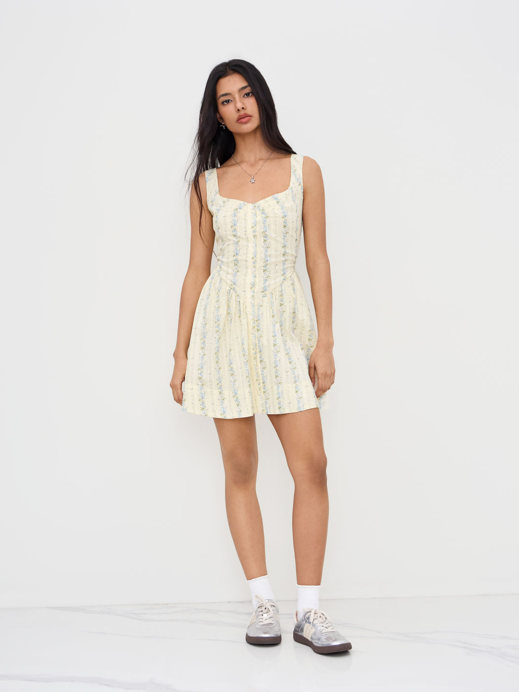 Cotton Sweetheart Neckline Floral Ruffle Mini Dress