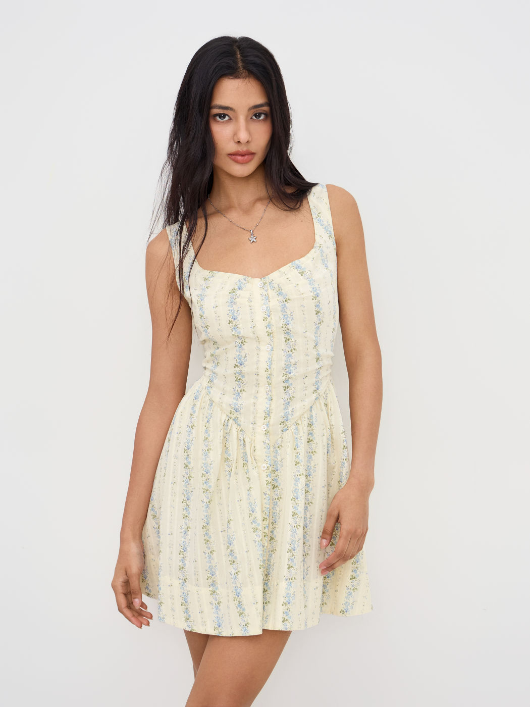 Cotton Sweetheart Neckline Floral Ruffle Mini Dress