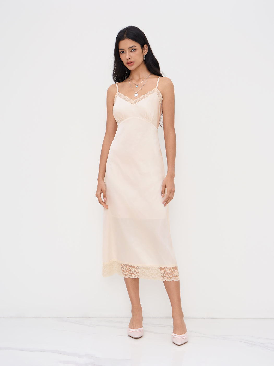 Satin V-neck Lace Trim Midi Dress