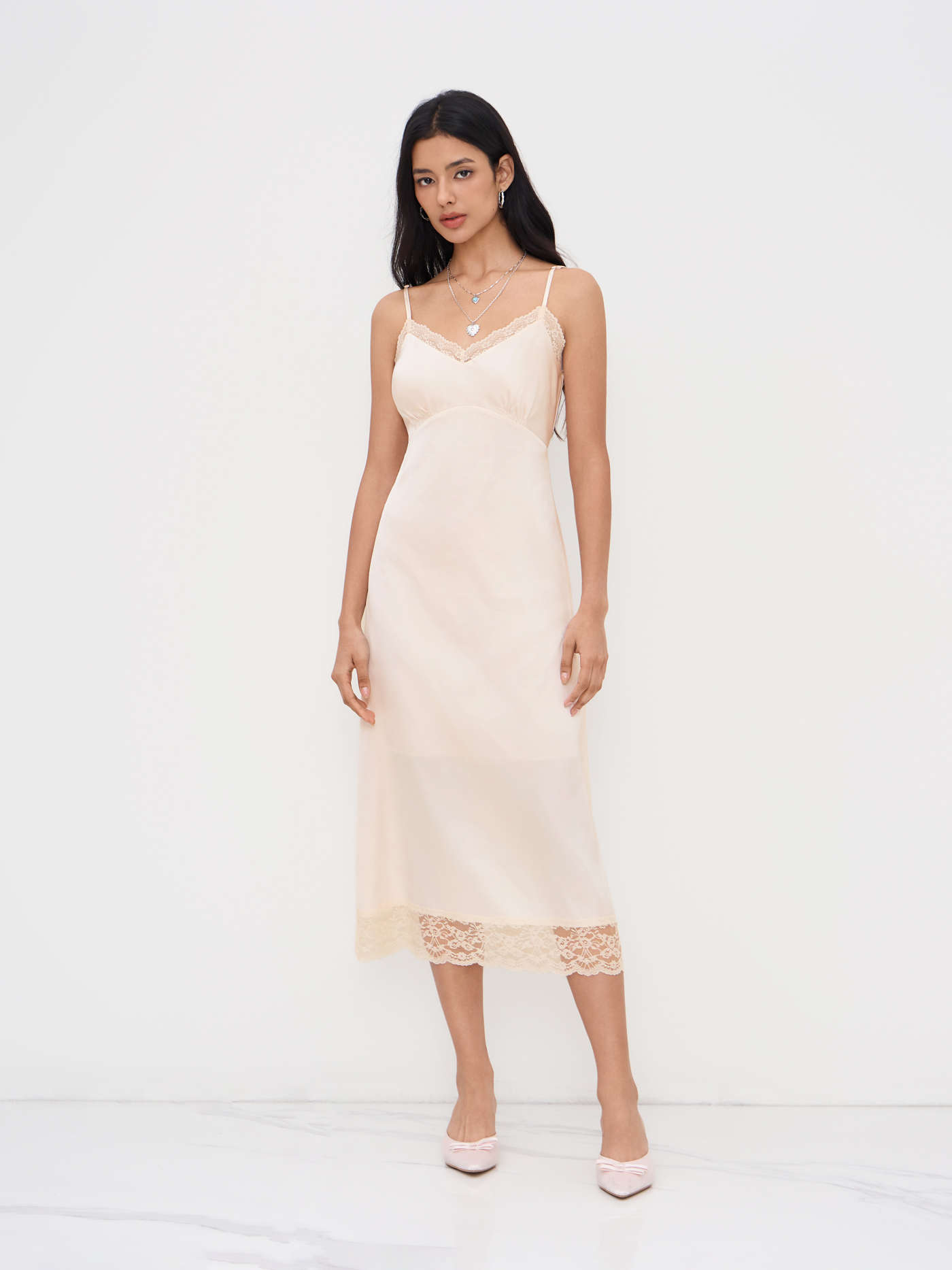 Satin V-neck Lace Trim Midi Dress