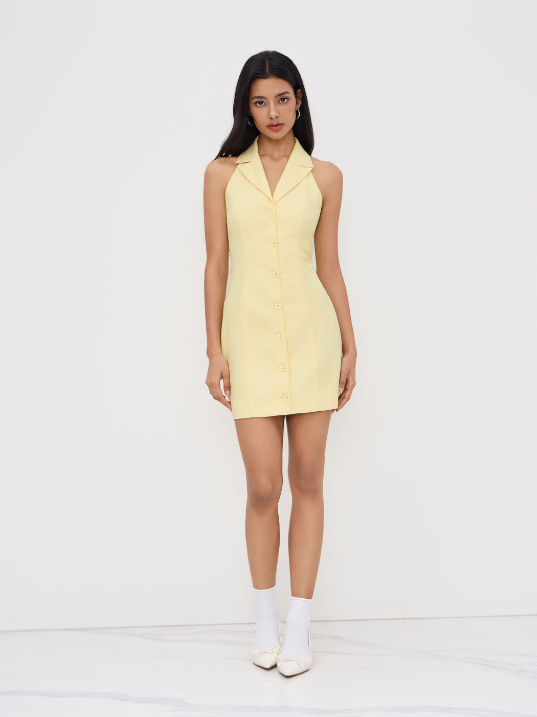 Linen-blend Collar Halter Neckline Button Through Mini Dress