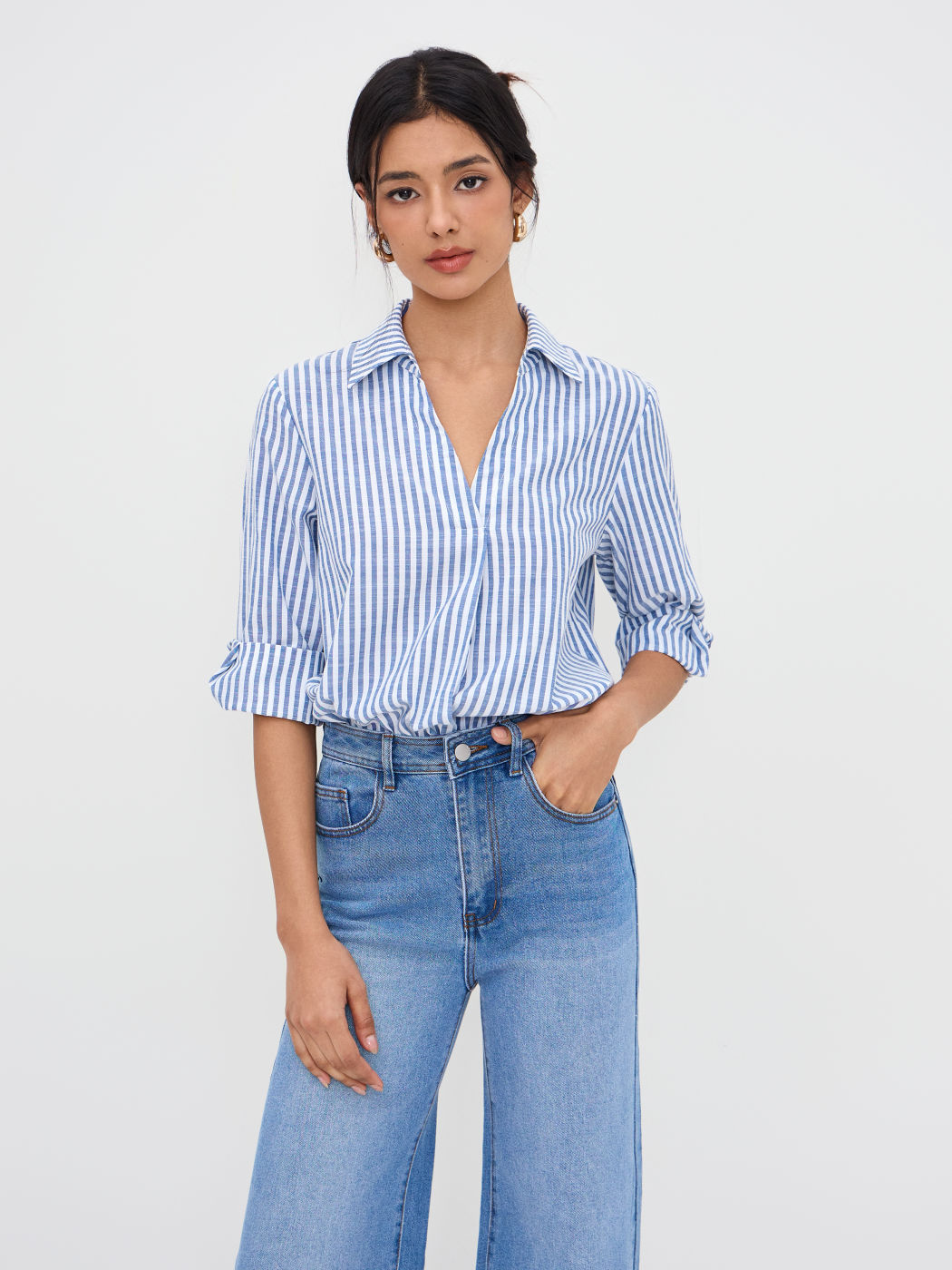 Cotton-blend Polo Neck Stripe Bodysuit