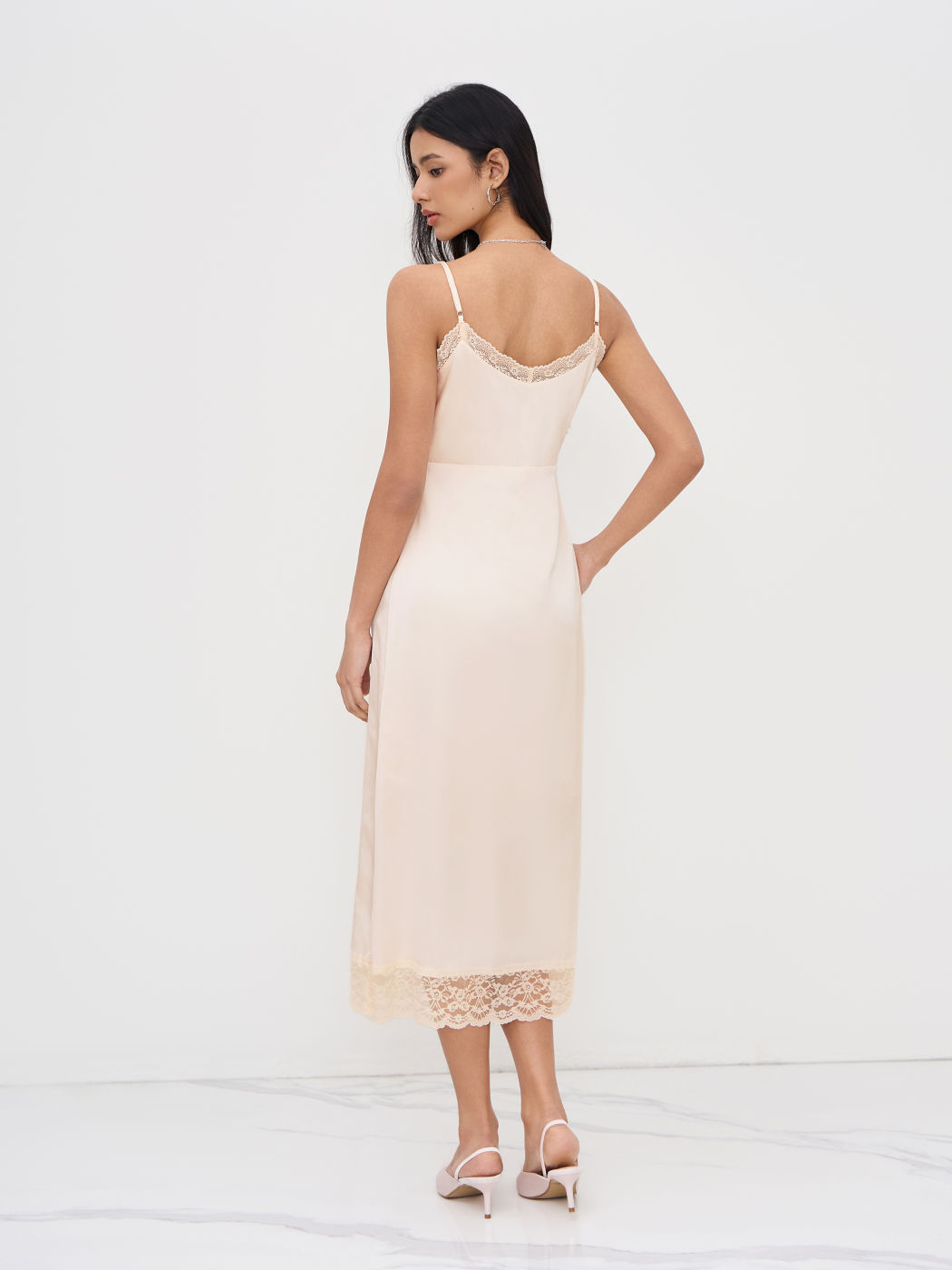 Satin V-neck Lace Trim Midi Dress